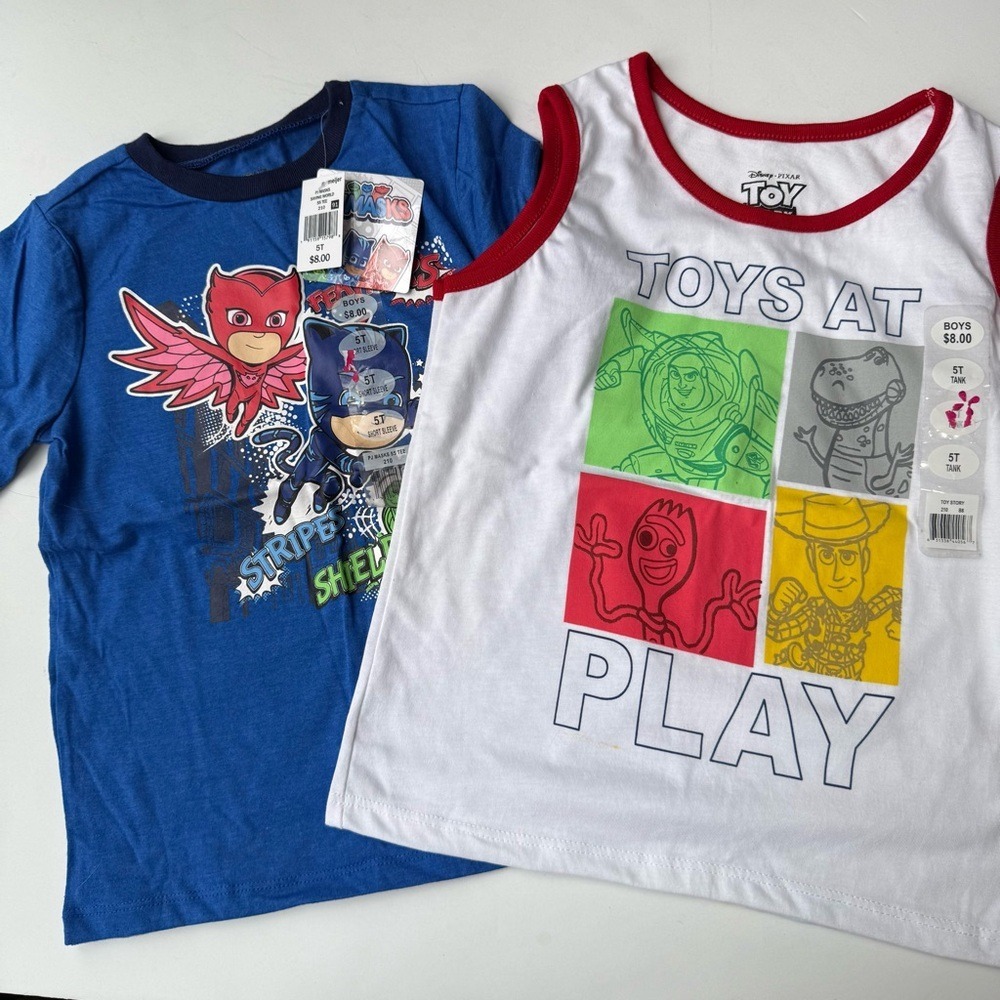 Lot of 2: New Boys 5T White Toy Story Tank Top, Blue PJ Mask Short Sleeve Tshirt